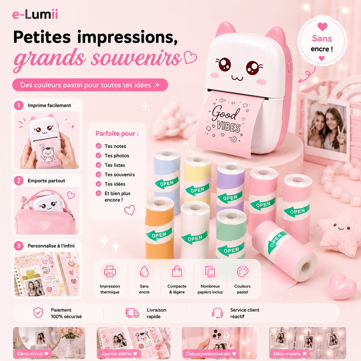 Recharge Rouleaux Stickers Couleur — Papier Autocollant pour Mini Imprimante E-LUMII (57mm)