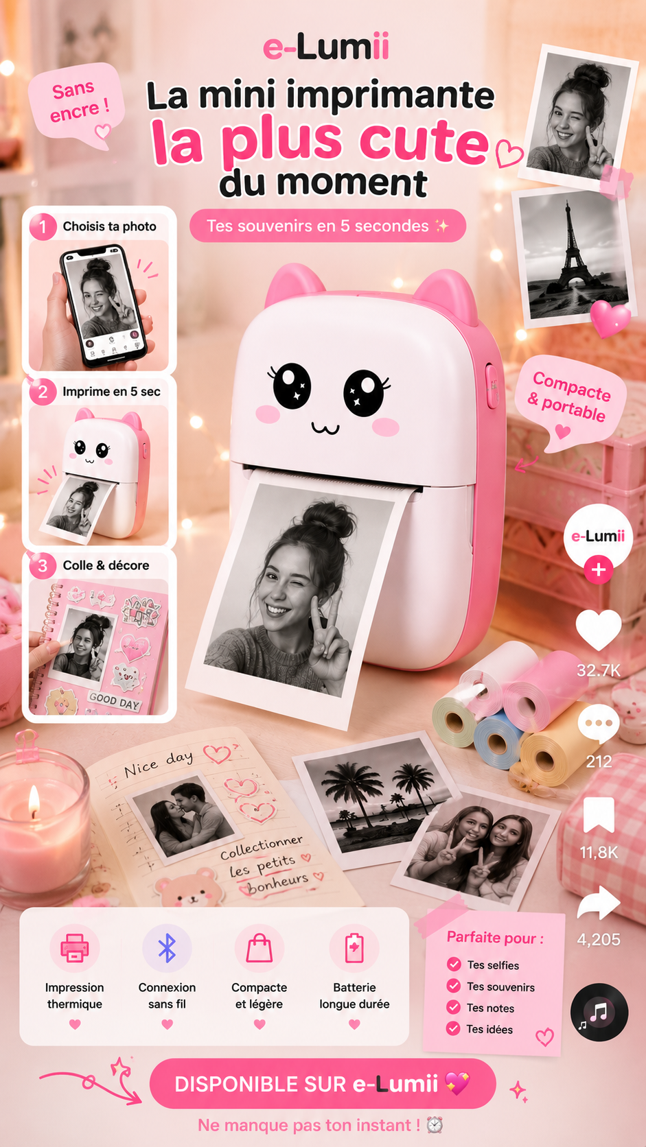 Mini Imprimante Portable Selfie E-LUMII