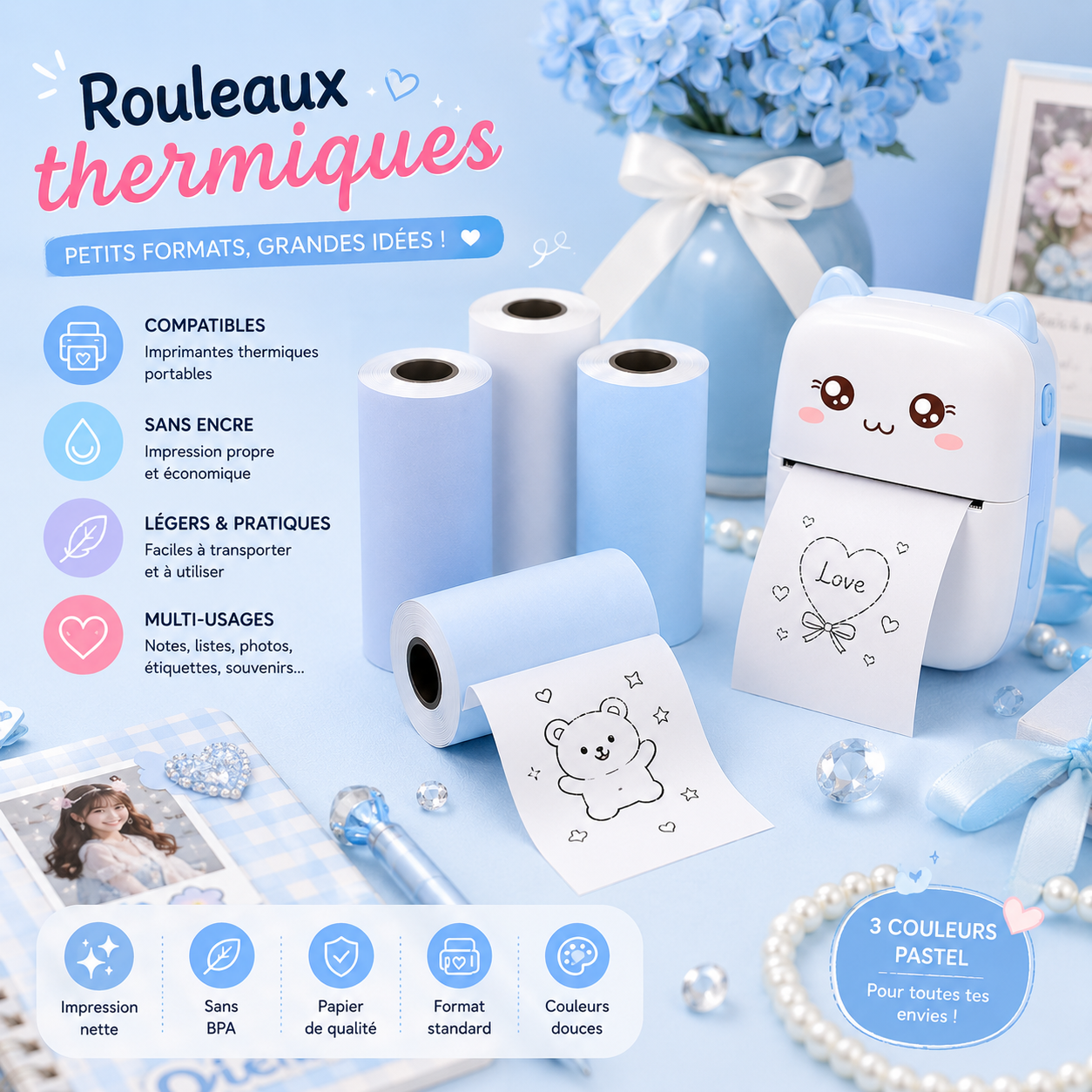 Recharge Rouleaux Stickers Couleur — Papier Autocollant pour Mini Imprimante E-LUMII (57mm)