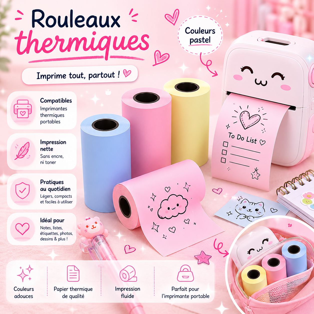 Recharge Rouleaux Papier Blanc — Papier Thermique pour Mini Imprimante E-LUMII (57mm)