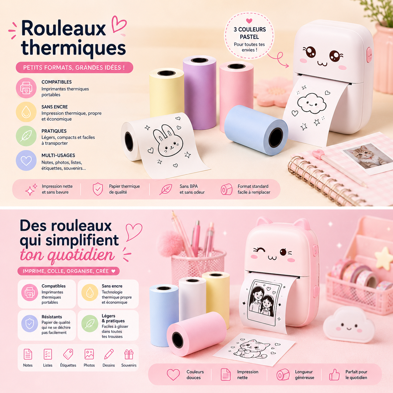 Recharge Rouleaux Papier Blanc — Papier Thermique pour Mini Imprimante E-LUMII (57mm)